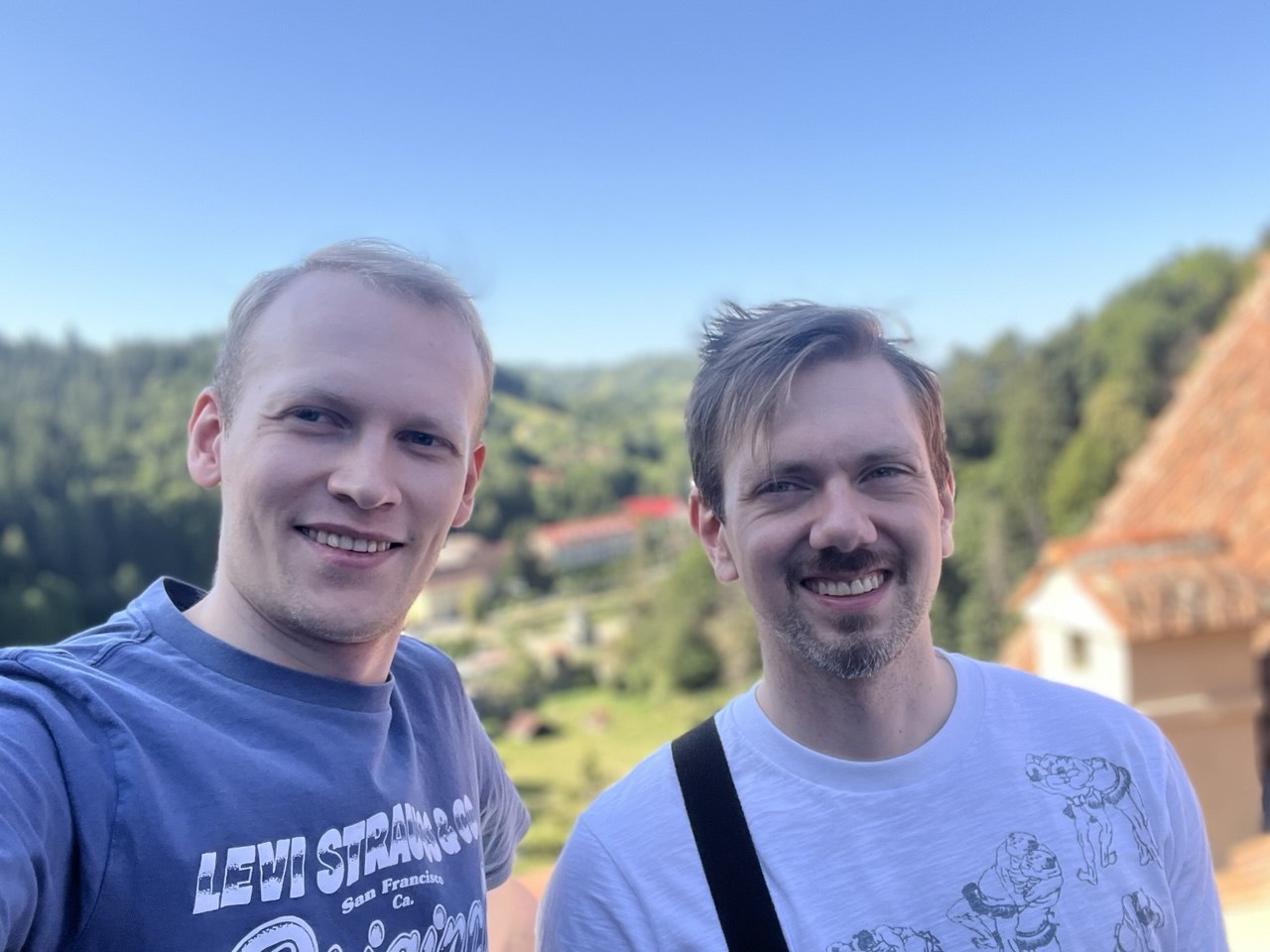Selfie with a friend above a Transylvanian valley